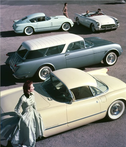Corvette show cars: Corvair fastback coupe, Convertible, Nomad wagon, Coupe (1954)